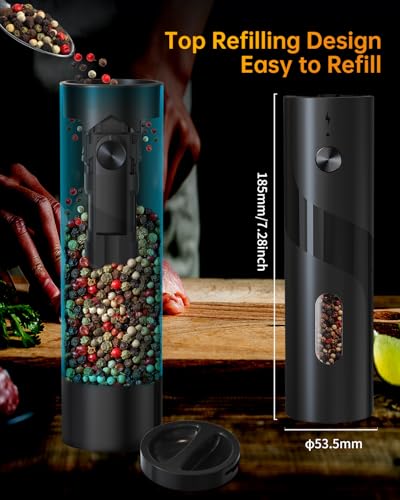 CIRCLE JOY Electric Rechargeable Salt and Pepper Grinder Set Top-Refill Automatic Pepper Mill Grinder with Charging Base, Adjustable Coarseness, Easy Filling Larger Capacity with Led for Home Kitchen