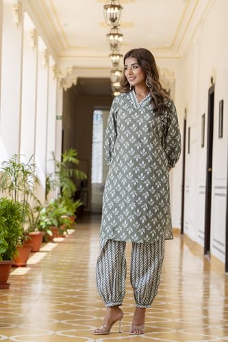 Image of Yashika Women Printed Cotton Blend Straight Kurta and Afghani Pant Set Perfect For Casual and Office Wear
