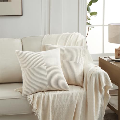 Image of Fancy Homi 2 Packs Cream Samll Decorative Throw Pillow Covers 14x14 Inch with for Couch Bed Sofa, Rustic Farmhouse Boho Home Decor, Soft Corss Patchwork Corduroy Square Cushion Case 35x35 cm