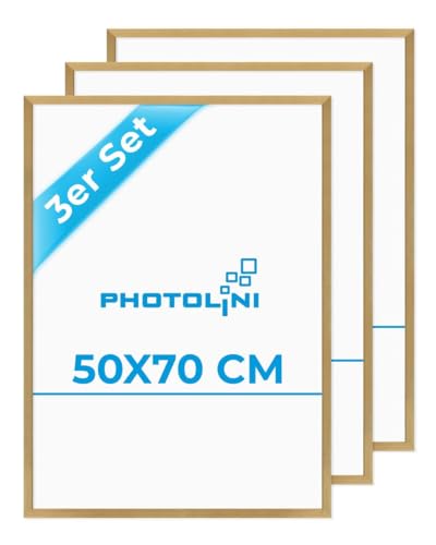 Photolini Lot de 3 Cadres 50x70 cm Moderne Or en MDF avec vitre en Acrylique Comprenant Accessoires/Collage de Photos/galerie d'images/Multi Cadre Photo Mural