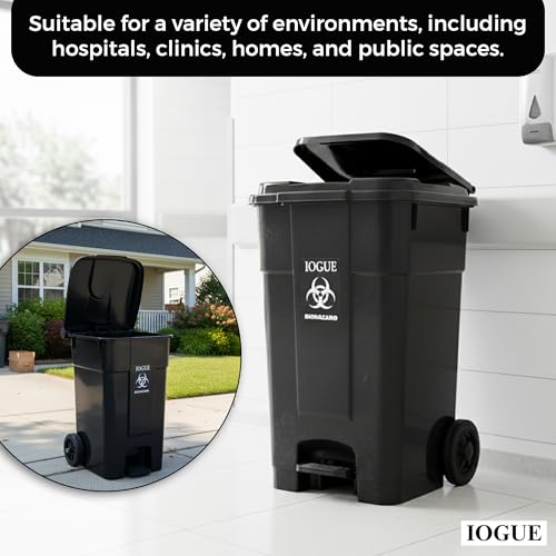 Image of 60 Liter Heavy Duty Wheel Pedal Dustbin, Biohazard Design, Black, Plastic, Cylindrical, Glossy Finish,(BLACK)