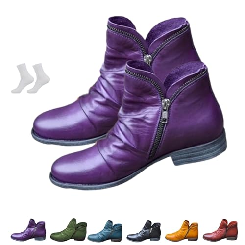 Orthoeva Orthopedic Boots, Women Vintage Casual Round Toe Double Side Zipper Ankle Boots, Comfortable and Lightweight Large Size Chunky Heel Walking Shoes for Fall Winter(Purple,US 8)