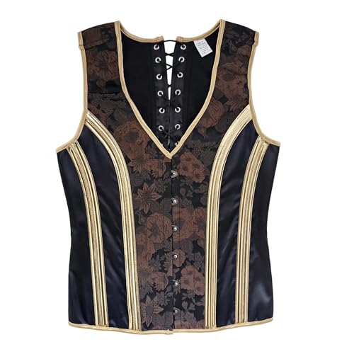 Men Corset Vest Slimm Fit Waistcoat Lace Up Bones Waist Trainer Brown Floral Gold Dress Vest Party Stage4