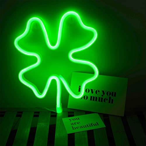 Image of Neon Sign Shamrock Shaped St. Patrick's Day Night Light, USB & Battery Operated Green Clover Glowing Decorative Irish Shamrock Light for Room Party Decorations