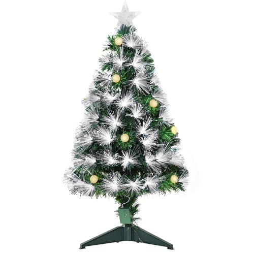 HOMCOM Sapin de Noël de 90 cm Artificiel Lumineux Fibre Optique LED + 14 Ampoules + Support Pied 90 Branches étoile Sommet Brillante Vert