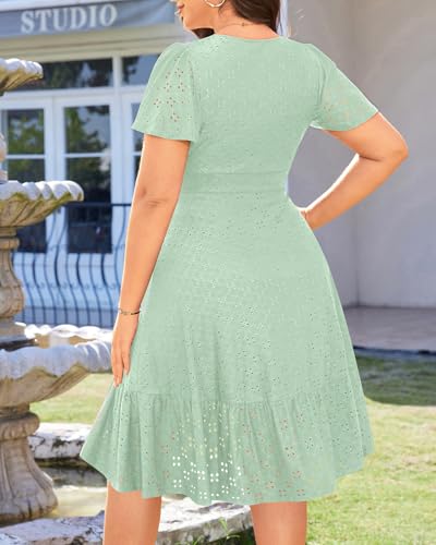Plus Size Wedding Guest Dress - Summer Semi Formal Midi Eyelet Short Sleeve Wrap V Neck Belted A Line Dresses 20254