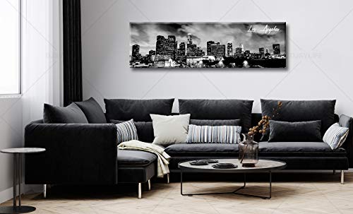 Image of Black and White Los Angeles Skyline Canvas Wall Art Framed 13.8 inch x 47.3 inch | Panoramic Skyline Print, Ready to Hang for Bedroom, Office, Living Room Decoration