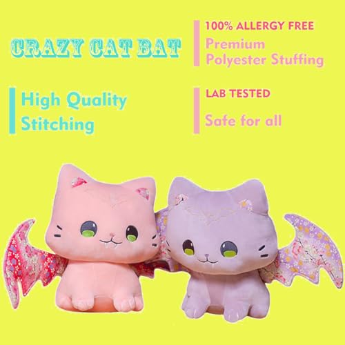 Image of Crazy Bat Cat Plush Soft Pillow, Cute Bat Kitten Stuffed Animal Cushion Furry Purple Bat Kitty Plushies Gifts /11.8''