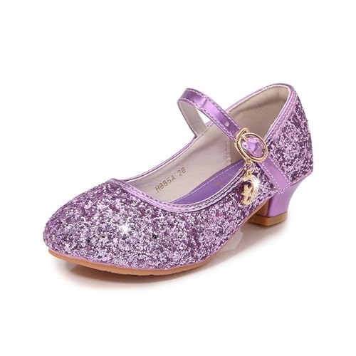 Hixingo Zapatos de Princesa con Purpurina para Niñas, Lentejuelas Zapatos de Vestir Mary Jane Tacón Bajo Sandalias Elegantes para Fiesta Cosplay Bodas Cumpleaños Regalo, 25-34 (Morado,27)