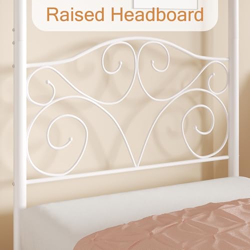 Image of VECELO Metal Canopy Bed Frame Twin Size, 4 Posters Platform Mattress Foundation with Headboard, Heavy Duty Steel Slats Support, No Box Spring Needed, White