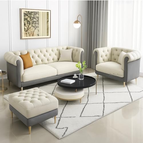 Image of Modern Classic 5 Seater Sofa Set Couch Fabric & Valvet Tufted 3+1+1Chesterfield Sofa Living Room and Office (Grey & Beige 3+1 and Footrest) | Premium Material