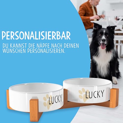 OWLBOOK Pfoten Motiv Futternapf personalisiert Hundenapf mit Namen oder Wunschtext Doppelnapf aus Keramik mit Bambus Gestell Futternapf Napf Wassernapf Keramik, Bambus 300 ml