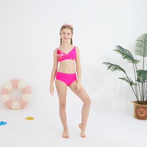 Girls Swimsuit 3 Piece V Neck Tropical Criss Cross Bikini Bathing Set Quick Dry Tankini with Drawstring Beach Skirt 7-16T2