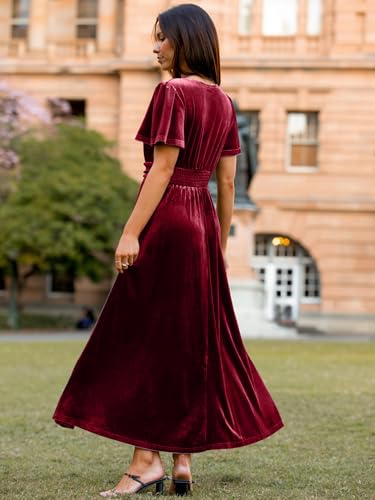 Image of Simplee Women's Velvet Maxi Dress V Neck Short Sleeve Empire Waist Semi Formal Long Cocktail Dresses