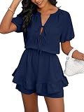 Theenkoln Jumpsuit Damen Sommer 2026 Kurz Minikleid Sommerkleid Sexy Fliege Tiefer V Ausschnitt Romper Puffärmel Strampler Rüschenschicht Overall Playsuit Skater Strandkleid mit Taschen Blau S