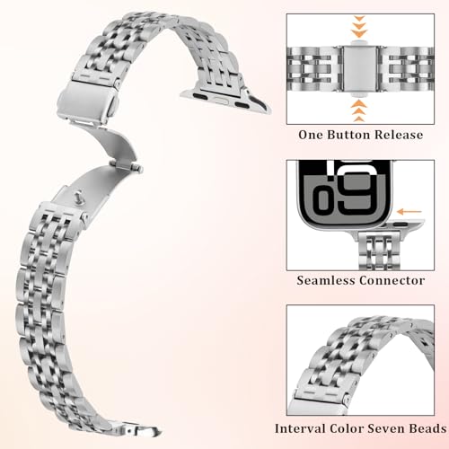 Image of Anlinser Metal Bands Compatible with Apple Watch Band for Women 49 /46 /45 /44 /42 /41 /40 /38mm, Thin Band Designed for iWatch Series 11 10 9 8 7 6 5 4-1 SE (42 /41 /40 /38mm, Silver)