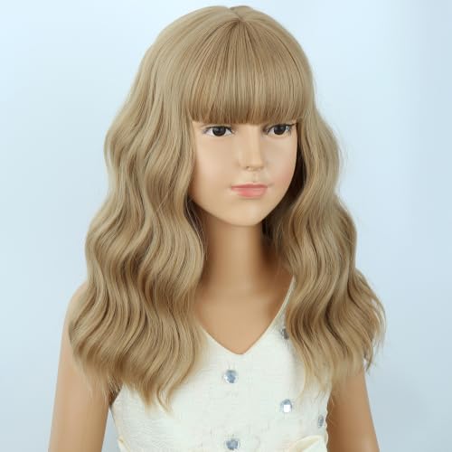 Image of Ash Blonde Wig Short Blonde Wavy Curly Wigs Wig with Air Bangs Synthetic Cosplay Hair Wigs