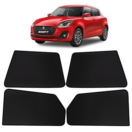 Image of OTO2EYE Car Sun Shade Compatible for Maruti Suzuki Swift Model 2018 to 2020, Z-Black Fix Type Side Window Curtains, Only Half Cut in Front Window, 4 Pieces Set