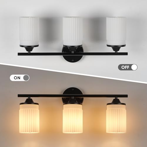 Image of Jonsi Black Bathroom Light Fixtures 3-Light Vanity Lights Modern Wall Sconce with Milk White Shade Bathroom Light Fixture Over Mirror for Bedroom Hallway Kitchen