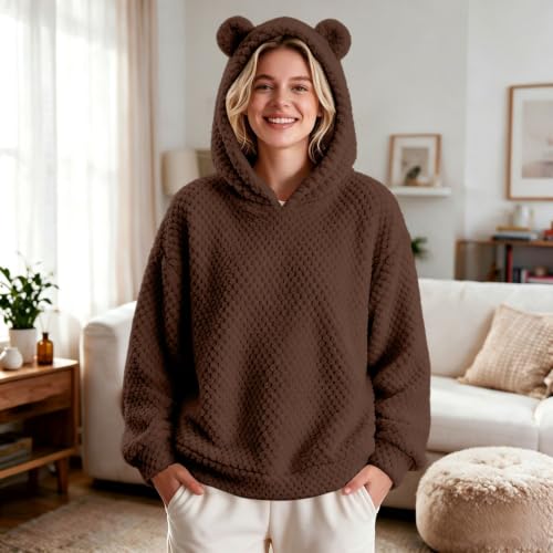 Women Fleece Hoodie Bear Double Fuzzy Sweatshirt Fleece Pullover Outwear - image 3