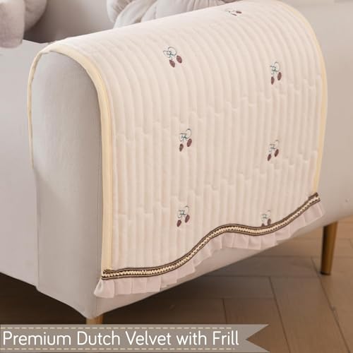 Image of HOKIPO Premium Dutch Velvet Anti-Slip Armrest Cover for Sofa, 1 Pair, Gentle Cream (NEW-AR-5742-CRM*2)