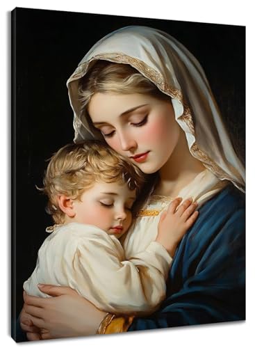 LB Virgin Mary Wall Art for Bathroom Christ Jesus Baby Nestled in Virgin Mary Canvas Wall Art Religious Christian Framed Wall Decor for Living Room Bedroom Ready to Hanging 12x16 Inch