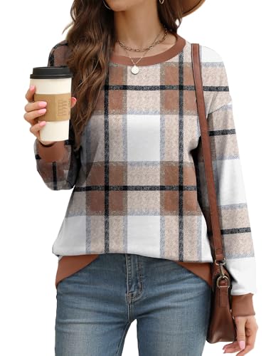 Saloogoe Sweaters for Women Fall Outfits 2025 Fashion Clothing Long Sleeve Tops Cute Old Money Clothes Plaid Shirts Brown L2