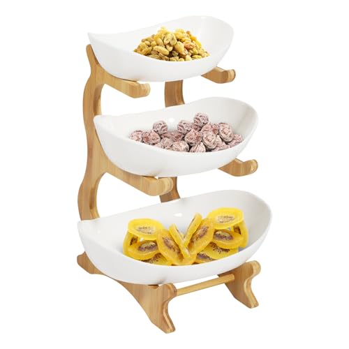 DHBREK Home Fruit Bowl Set, Fruit Bowl for Kitchen Counter, 3 Tier Ceramic Fruit Basket, Fruit Serving Tray With Bamboo Wood Stand, Fruit Holder for Kitchen Countertop for Cake Candy (White)