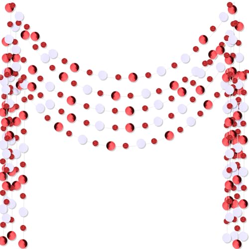 Outus 5 Pieces Red Round Dots Garland Classroom Party Hanging Decor Each Length 13.1ft Glitter Paper Dot Streamers for Wedding Birthday Graduation Supplies (White)