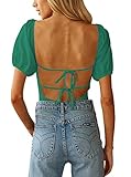oten Womens Puff Sleeve Open Back Tops Square Neck Double Lined Sexy Casual Bodysuits Top Backless Shirts Green Medium