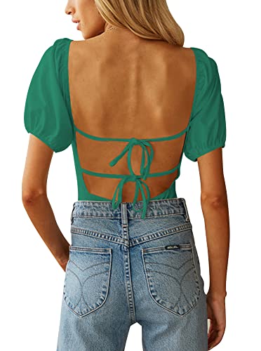 Image of oten Women's Sexy Backless Puff Sleeve Square Neck Tie Back Bodysuit Tops