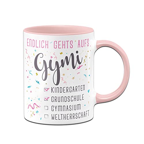 Tassenbrennerei Original Tasse Endlich gehts aufs Gymi - Geschenk zum Schulwechsel 5. Klasse Gymnasium - Einschulung weiterführende Schule (Rosa)