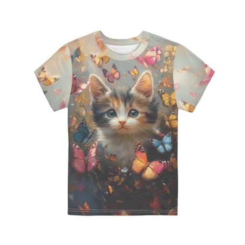 Guosanchn Cat Girls Shirt Size 15-16 Butterfly Short Sleeve Crew Neck T Shirt Casual Outdoor Athletic Tennis Tee Shirt Back to School Outfits for Kids Outdoor Athletic Tennis Tee Tops