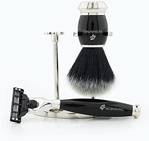 3-Klingen-Rasierset mit synthetischer Dachshaarbürste und Edelstahl-Rasierständer von Jag Shaving