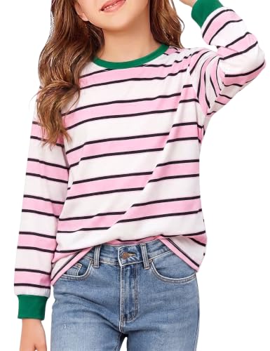 Image of Leversic Girls Tops Long Sleeve Striped Relaxed Fit T Shirt Crew Neck Pink