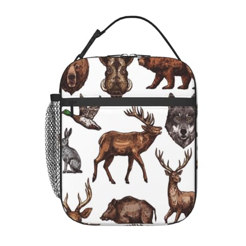 ポータブル断熱ランチバッグ。防水性と漏れ防止性を備え、スタイリッシュで丈夫。仕事、学校、アウトドア活動に最適です。男性にも女性にも適しています。(野生の森のクマと鹿の動物と鳥のスケッチ)