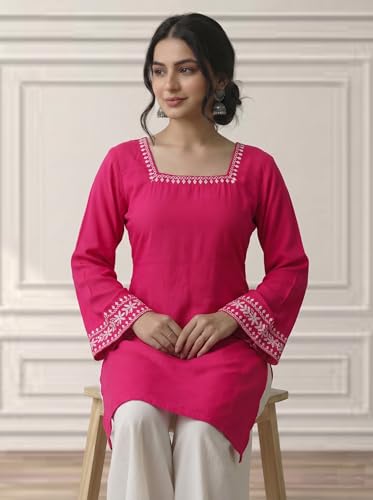 Image of MAHIRA'S Comfort Women's Short Kurti, Rayon Tunic Top with 3 /4 Embroidered Designer Sleeves | Soft Breathable Fabric | Office & Casual Kurti for Jeans, Leggings & Trousers