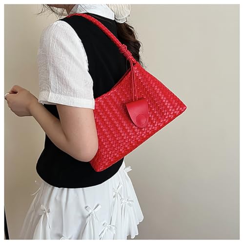 Woven Hobo Bag for Women Fashion Faux Leather Bucket Shoulder Bags Trendy Hobo Tote Underarm Handbags Purse for Work Travel (Red) by BGGJUE - Used condition - Image 2