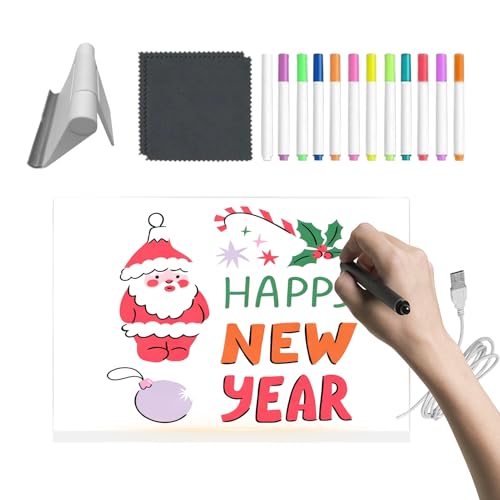 Pizarra LED para mensajes – Pizarra blanca de acrílico transparente, con 12 lápices de colores y un soporte plegable para una pizarra blanca iluminada – para adolescentes, niñas y suministros de arte
