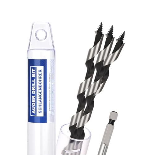 3 Stück Schlangenbohrer 6mm x 300mm Holzbohrer mit Selbstzentrierende Gewindespitze und 6.35mm Sechskantschaft für Holz