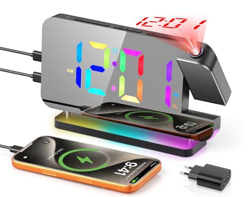 TAKRINK Despertador de Proyección RGB Digital Reloj LED 7 Colores Reloj de Mesa Nocturna 6 Colores Despertador de Espejo 6 Brillos Snooze 15 Nivle Volúmenes Carga USB C para Hogar Oficina Dormitorio
