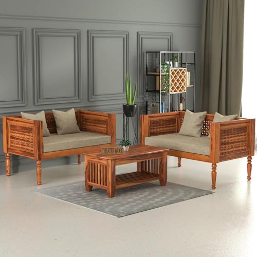 Image of Sheesham Wooden 4 Seater Sofa Set for Living Room | Rosewood Cushion Sofa | Solid Wood Sofa Set for Lounge (Honey, 4 Seater)