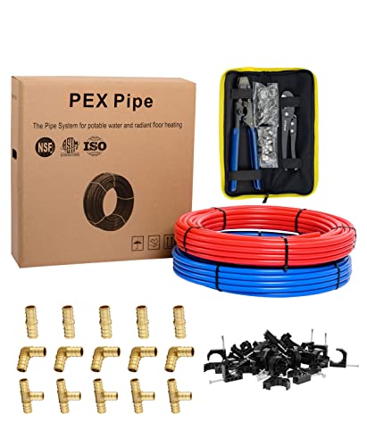 EFIELD 1/2 Inch 2 x 100 ft (200 Ft) Pex-b Pipe/Tubing, Brass pex Fittings, Crimping Tool, Cinch Clamps, Cutter, J-Clamps(All-in-One Bundle),(129)