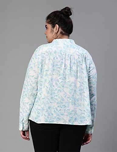 Image of oxolloxo Women Plus Size Floral Print Mandrain Collared Cotton Shirt