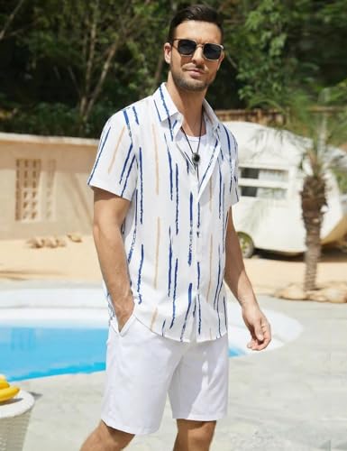 Image of Yimoon Men's Summer 2 Piece Outfits Tropical Print Short Sleeve Button Down Hawaiian Beach Shirt and Shorts Set