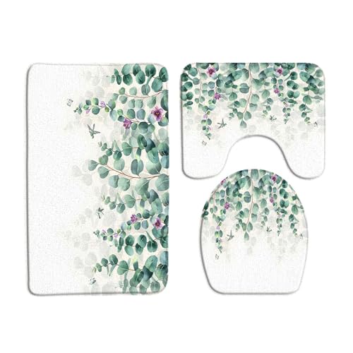 VPUPCN Green Leaves 3 Pcs Bath Rugs Set,Sage Green Eucalyptus Leaf Watercolor Nature Floral Plant Botanical Spring Bathroom Kitchen Rug with 17.8