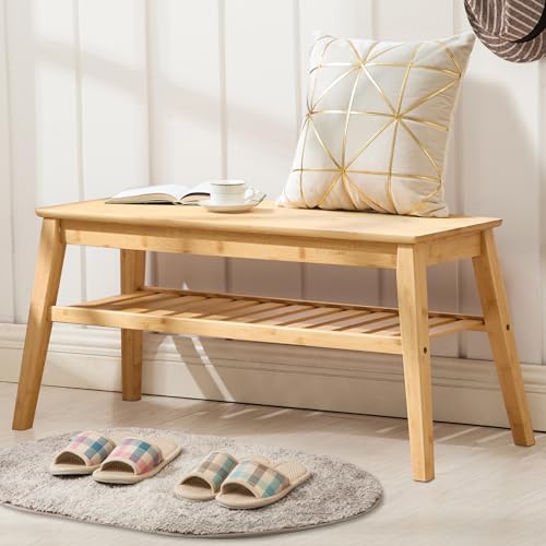 Nnewvante Bamboo Dining Bench, 33.46' Indoor Storage Bench, Small Wood Benches for Entryway, Living...