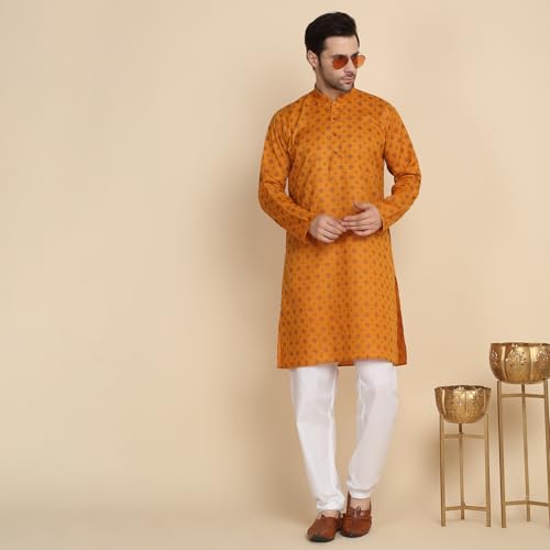 Image of KRAFT INDIA Men's Cotton Blend Geometric Printed Straight Long Regular Kurta and Elastic Waistband Pyjama Set