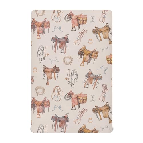 Image of Western Cowboy Pattern Crib Sheets Soft Breathable Fitted Baby Crib Sheets Mattress Cover for Girls Boys, 52 inch x 28 inch x 9 inch