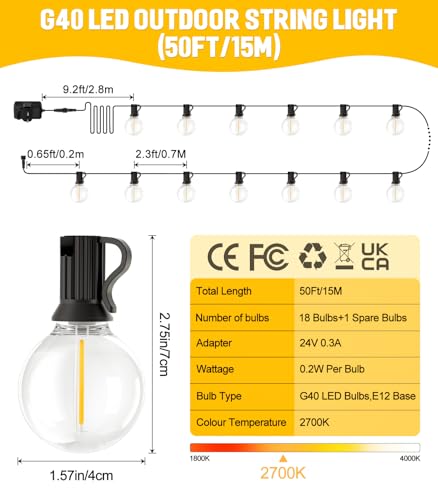 Festoon Light Outdoor Garden String Lights LED 50Ft G40 15M Mains Powered with Remote Control Dimmable Timer Outside Lighting Waterproof Shatterproof Bulb Hanging Fence for Balcony Gazebo Patio